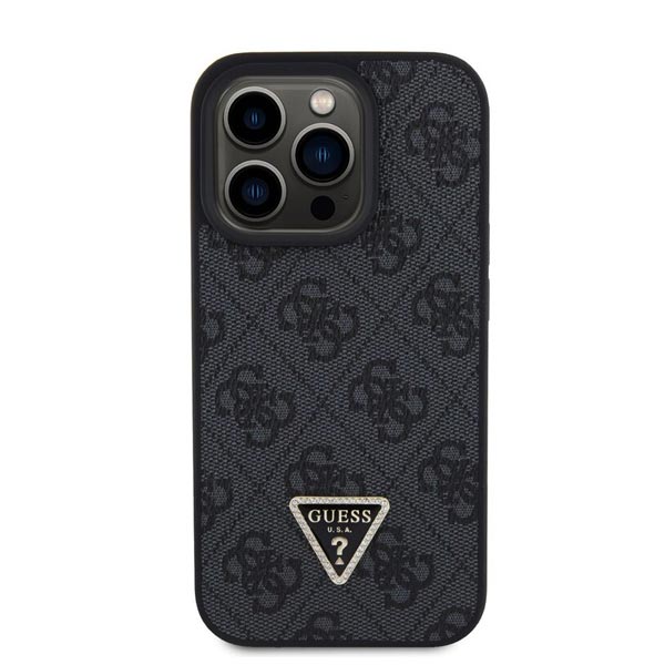 Zadný kryt s popruhom Guess PU 4G Strass Triangle Metal Logo pre iPhone 15 Pro, čierna