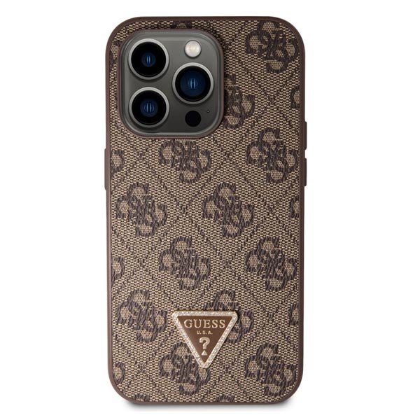 Zadný kryt s popruhom Guess PU 4G Strass Triangle Metal Logo pre iPhone 15 Pro Max, hnedá Zadný kryt s popruhom Guess PU 4G Strass Triangle Metal Logo pre iPhone 15 Pro Max, hnedá