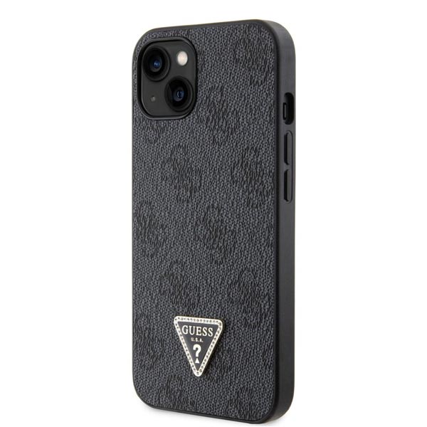 Zadný kryt Guess PU 4G Strass Triangle Metal Logo pre iPhone 15 Plus, čierna