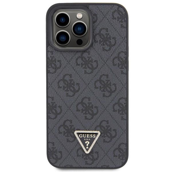 Zadný kryt Guess PU 4G Strass Triangle Metal Logo pre iPhone 15 Pro, čierna