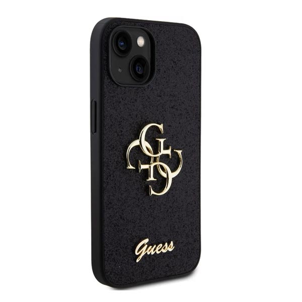 Zadný Kryt Guess PU Fixed Glitter 4G Metal Logo pre iPhone 15, čierna