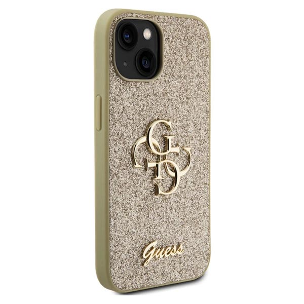 Zadný Kryt Guess PU Fixed Glitter 4G Metal Logo pre iPhone 15, zlatá