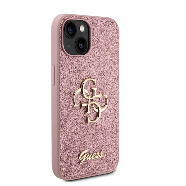 Zadný Kryt Guess PU Fixed Glitter 4G Metal Logo pre iPhone 15, ružová