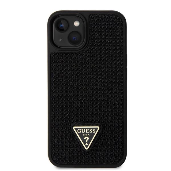Zadný kryt Guess Rhinestones Triangle Metal Logo pre iPhone 15, čierna