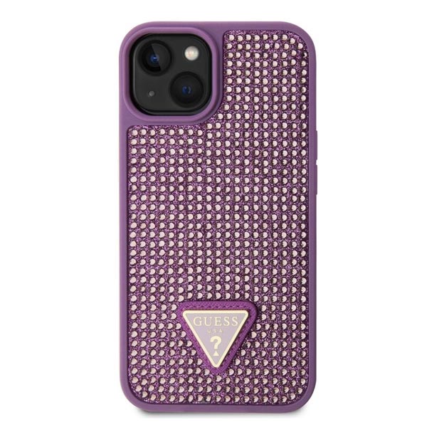 Zadný kryt Guess Rhinestones Triangle Metal Logo pre iPhone 15 Plus, fialová