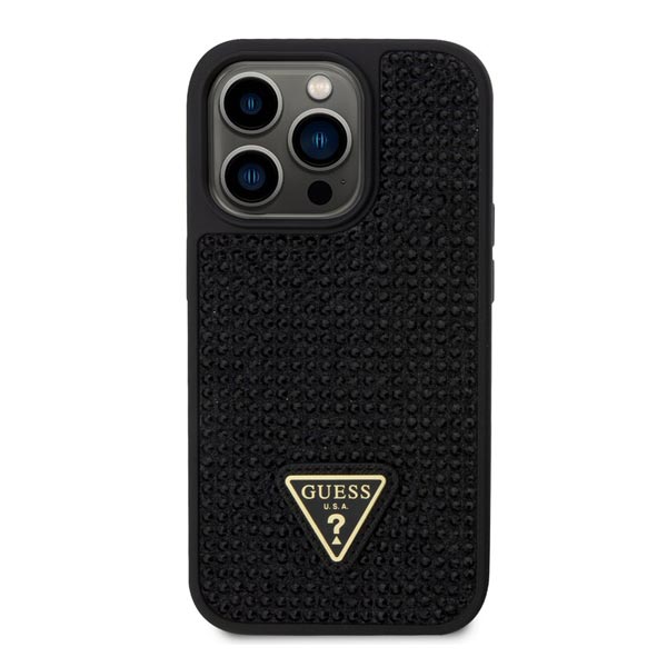 Zadný kryt Guess Rhinestones Triangle Metal Logo pre iPhone 15 Pro, čierna