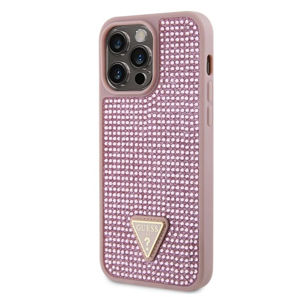 Zadný kryt Guess Rhinestones Triangle Metal Logo pre iPhone 15 Pro Max, ružová