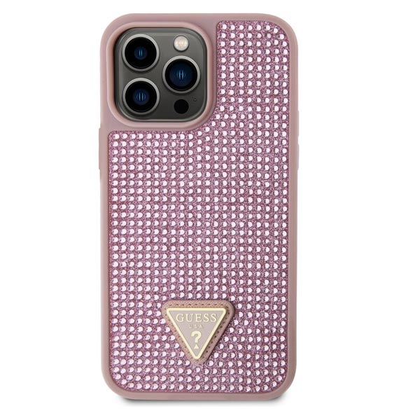Zadný kryt Guess Rhinestones Triangle Metal Logo pre iPhone 15 Pro Max, ružová