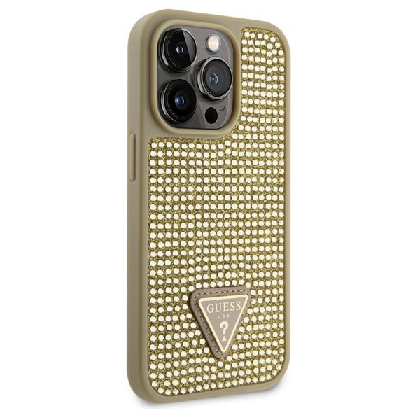 Zadný kryt Guess Rhinestones Triangle Metal Logo pre iPhone 15 Pro, zlatá