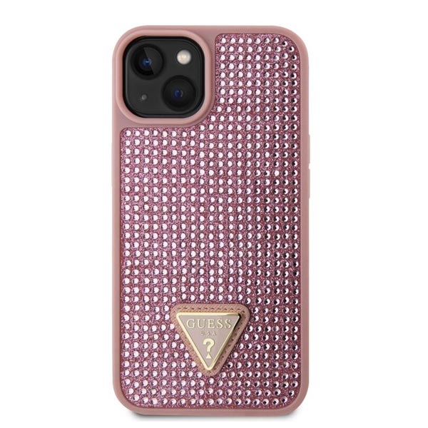 Zadný kryt Guess Rhinestones Triangle Metal Logo pre iPhone 15, ružová