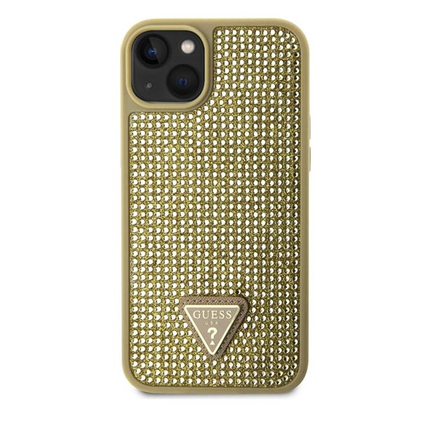 Zadný kryt Guess Rhinestones Triangle Metal Logo pre iPhone 15, zlatá