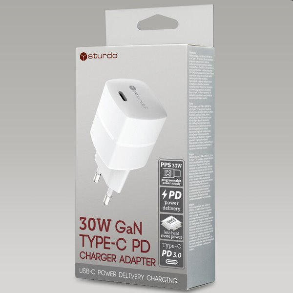 Sturdo Sieťová nabíjačka mini GaN 30W, PD, 3A, biela Sturdo Sieťová nabíjačka mini GaN 30W, PD, 3A, biela