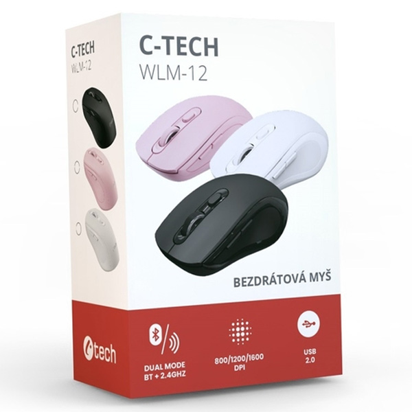 Bezdrôtová myš C-Tech WLM-12, duálny mód, BT5.0, USB, 1600 DPI, biela Bezdrôtová myš C-Tech WLM-12, duálny mód, BT5.0, USB, 1600 DPI, biela