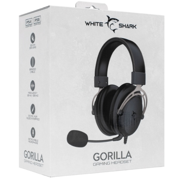 White Shark herné slúchadlá s mikrofónom GORILLA, PC, PS4/PS5, Xbox, MAC, čierne/sivé