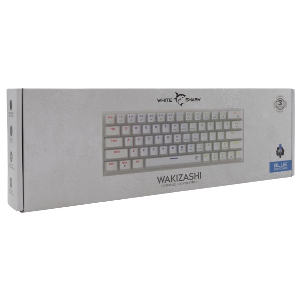 White Shark mechanická herná klávesnica WAKIZASHI, modrý switch, US, biela