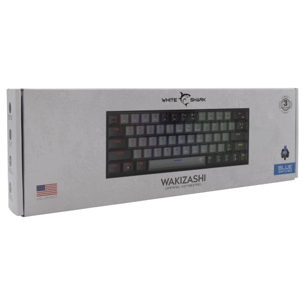 White Shark mechanická herná klávesnica WAKIZASHI, modrý switch, US, čierna/sivá