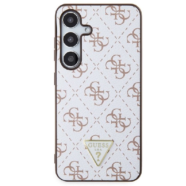 Zadný kryt Guess PU Leather 4G Triangle Metal Logo pre Samsung Galaxy S24, biely