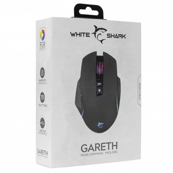 White Shark herná myš GARETH Crni, 6400 dpi, čierna