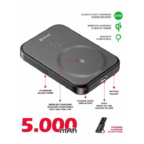 Swissten Powerbanka 20 W 5000 mAh (kompatibilný s MagSafe), PD, čierna