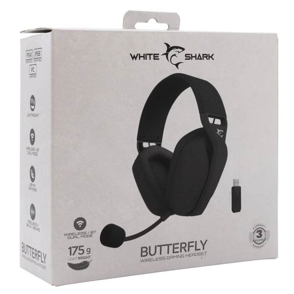 White Shark bezdrôtové herné slúchadlá BUTTERFLY, pre PC, PS4/5, XBOX, MAC, čierne White Shark bezdrôtové herné slúchadlá BUTTERFLY, pre PC, PS4/5, XBOX, MAC, čierne