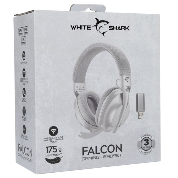 White Shark bezdrôtové herné slúchadlá FALCON, PC, PS4/PS5, Xbox, MAC, biele White Shark bezdrôtové herné slúchadlá FALCON, PC, PS4/PS5, Xbox, MAC, biele