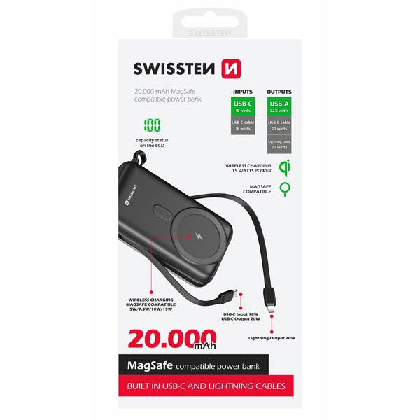 SWISSTEN Powebanka 20000 mAh PD 20 W s integrovaným USB-C a Lightning káblom (kompatibilné s MagSafe) SWISSTEN Powebanka 20000 mAh PD 20 W s integrovaným USB-C a Lightning káblom (kompatibilné s MagSafe)