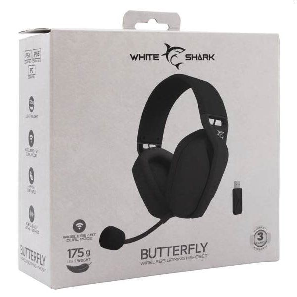White Shark Wireless Gaming headphones BUTTERFLY, PC, PS4/PS5, MAC, black, vystavený, záruka 21 mesiacov