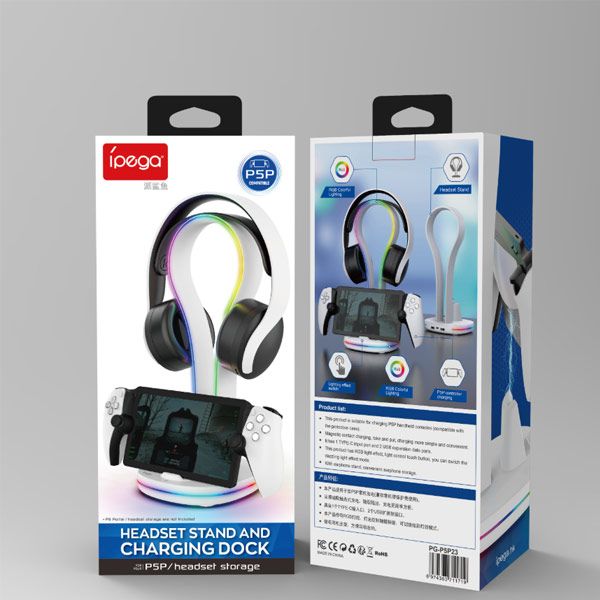 iPega P5P23 Charger Dock s RGB pre Playstation Portal Remote Player s držiakom na slúchadlá, White