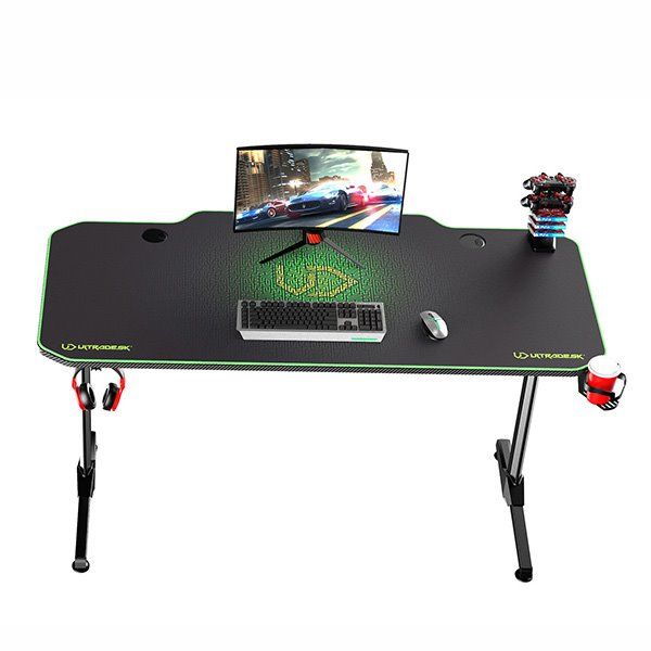 ULTRADESK Herný stôl FRAG - GREEN, 140x66 cm, 76 cm, s XXL podložkou pod myš, s ultradesk BEAM, držiak slúchadiel