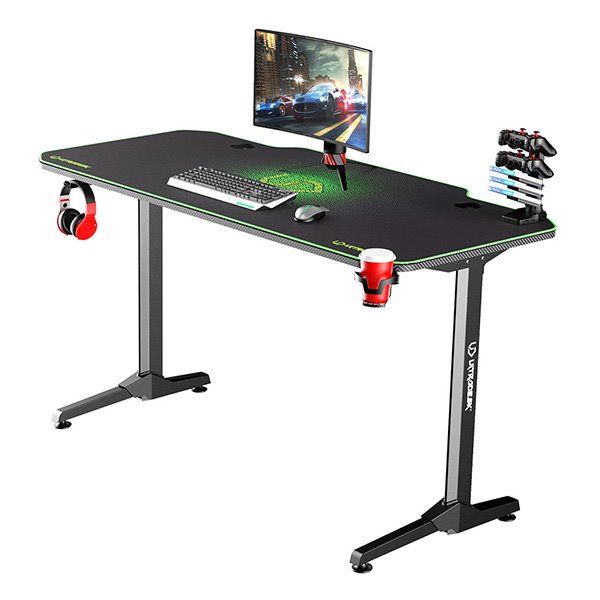ULTRADESK Herný stôl FRAG - GREEN, 140x66 cm, 76 cm, s XXL podložkou pod myš, s ultradesk BEAM, držiak slúchadiel