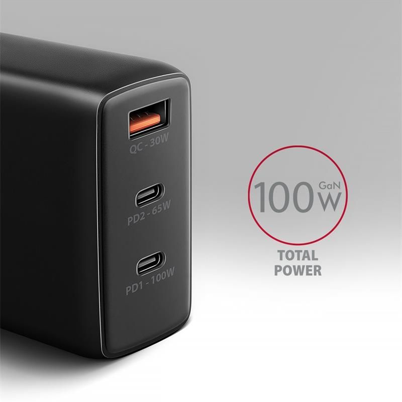 AXAGON ACU-DPQ100, GaN nabíjačka do siete 100W, 3x port (USB-A + dual USB-C), PD3.0/PPS/QC4+/Apple, čierná
