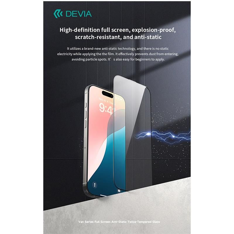 Devia ochranné sklo Van Series Anti-Static pre iPhone 16 Pro - Black Frame