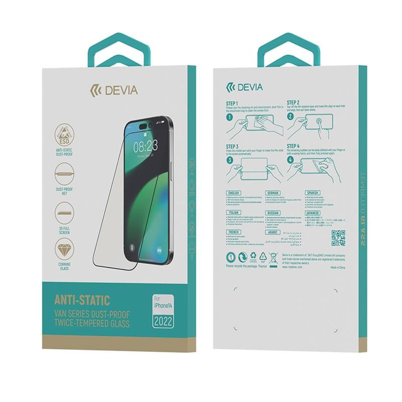 Devia ochranné sklo Van Series Anti-Static pre iPhone 16e/14/13/13 Pro - Black Frame