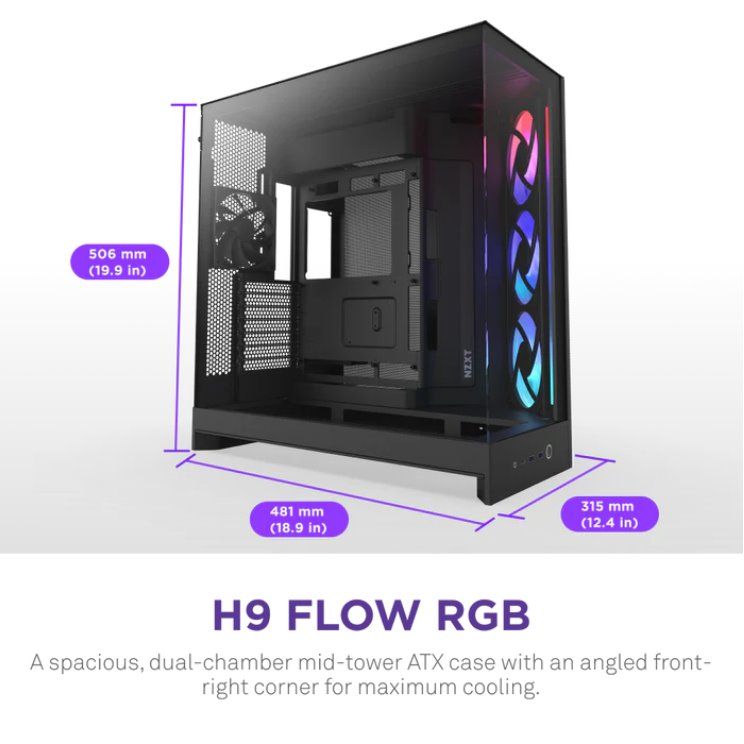 NZXT case H9 Flow RGB, ATX, Large Dual Chamber Mid Tower, black