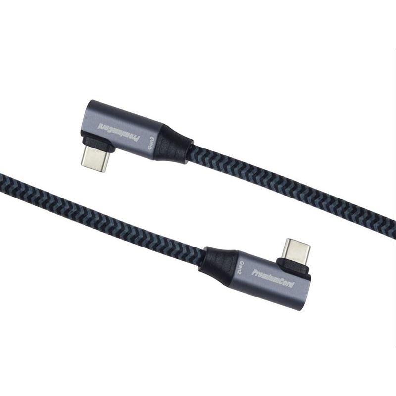 PremiumCord USB-C 2x zahnutý kábel ( USB 3.2 GEN 2x2, 5A, 100W, 20Gbit/s ) bavlnený oplet, 2m