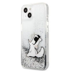 Puzdro Karl Lagerfeld Liquid Glitter Choupette Eat pre iPhone 13, silver