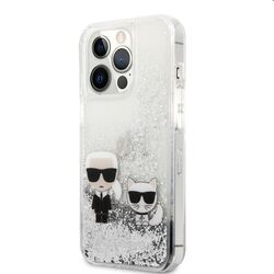 Puzdro Karl Lagerfeld Liquid Glitter Karl and Choupette for iPhone 13 Pro, silver