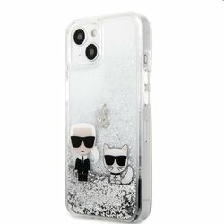 Puzdro Karl Lagerfeld Liquid Glitter Karl and Choupette for iPhone 13, silver