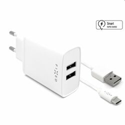 FIXED Sieťová nabíjačka Smart Rapid Charge s 2 x USB, 15 W a kábel USB/USB-C 1m, biela | pgs.sk