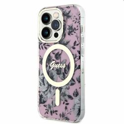 Zadný kryt Gues PC/TPU Flowers IML MagSafe pre Apple iPhone 14 Pro, ružová