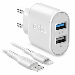 SBS Cestovná nabíjacia sada, Ultra Fast Charge, 2 x USB/Lightning MFI C-89 kábel, biela foto