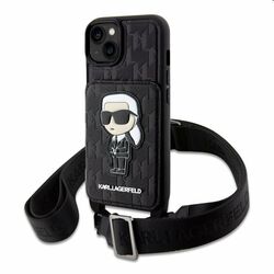 Puzdro Zadný kryt Karl Lagerfeld Saffiano Monogram Crossbody Ikonik NFT s popruhom pre Apple iPhone 14, čierna | pgs.sk