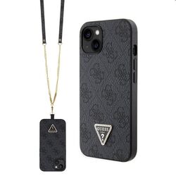 Zadný kryt Guess PU 4G Strass Triangle Metal Logo s popruhom pre iPhone 15, čierna foto