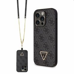 Zadný kryt Guess PU 4G Strass Triangle Metal Logo s popruhom pre iPhone 15 Pro Max, čierna | pgs.sk