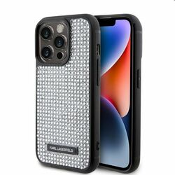 Zadný kryt Karl Lagerfeld Rhinestone Plate Metal Logo pre Apple iPhone 15 Pro Max, strieborná
