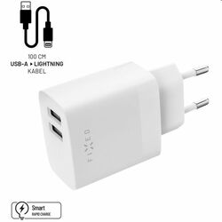 FIXED Set Sieťová nabíjačka 2 x USB a kábel USB/Lightning 1m MFI, 17W Smart Rapid Charge, biela | pgs.sk