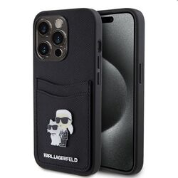 Zadný kryt Karl Lagerfeld PU Saffiano Card Slot Metal Karl and Choupette pre Apple iPhone 15 Pro Max, čierna