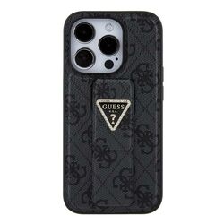 Zadný kryt Guess PU Grip Stand 4G Strass Triangle Metal Logo pre iPhone 15 Pro Max, čierna