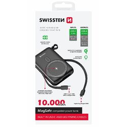 Swissten Powerbanka 20 W 10000 mAh (kompatibilný s MagSafe) s integrovanými káblami USB-C a belskovými káblami, PD, čierna | pgs.sk