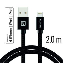 Dátový kábel Swissten textilný s certifikáciou MFI, Lightning konektorom a podporou rýchlonabíjania, čierny